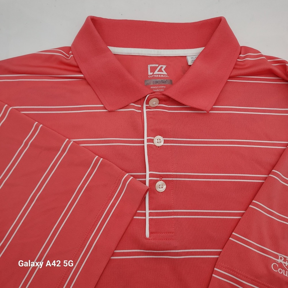 Cutter‎ & Buck Mens XL Golf Polo Shirt Coral Pink Striped Richmond Country Club